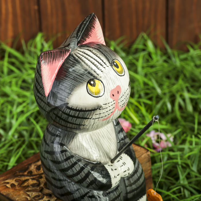 Сувенир «Котёнок рыбак», 9×9×25 см, дерево, серый