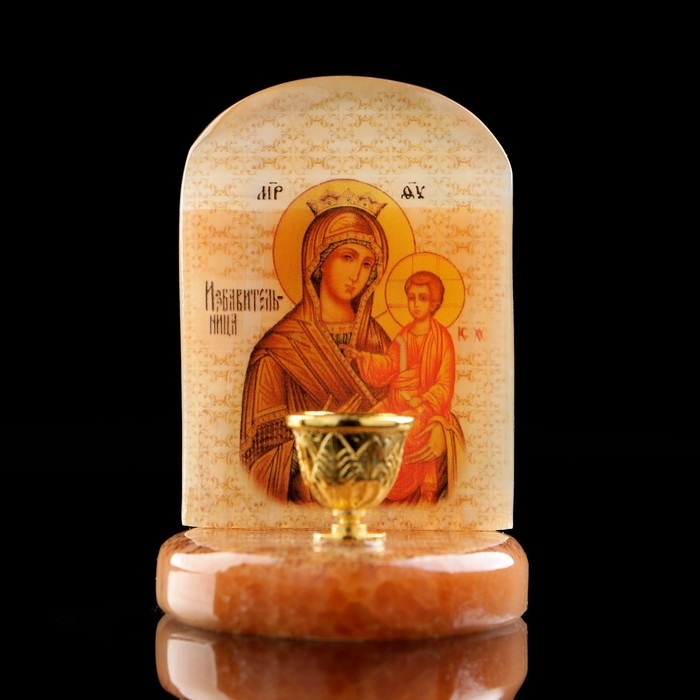 Икона «Божией Матери Избавительница», настольная с подсвечником на 1 свечу, селенит
