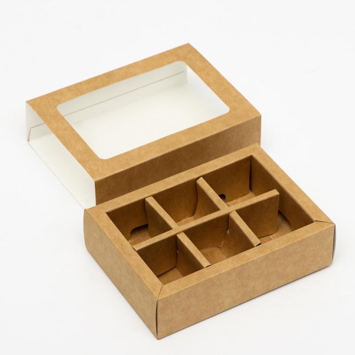 Коробка под 6 конфет с окном, крафт, 13.7×9.85×3.85 см