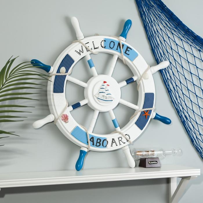 Декор настенный, панно «Штурвал. Welcome aboard с корабликом», 62×62×3.5 см