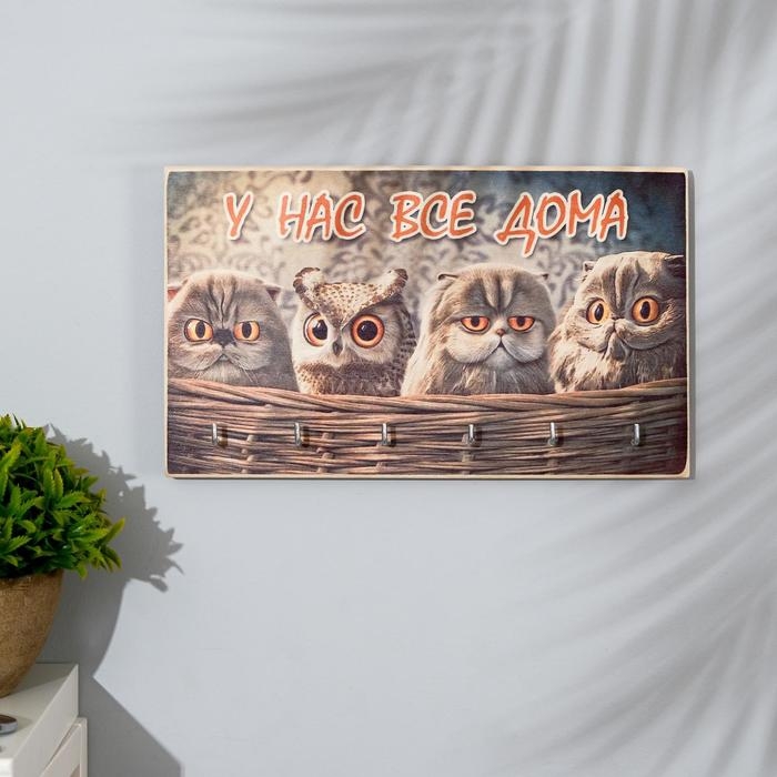 Ключница настенная «У нас все дома», панно декоративное, 6 крючков, 25×15 см