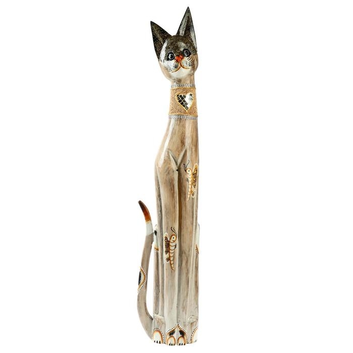 Сувенир «Кошка с золотыми бабочками и зеркальным сердцем», 100×16×7 см, дерево