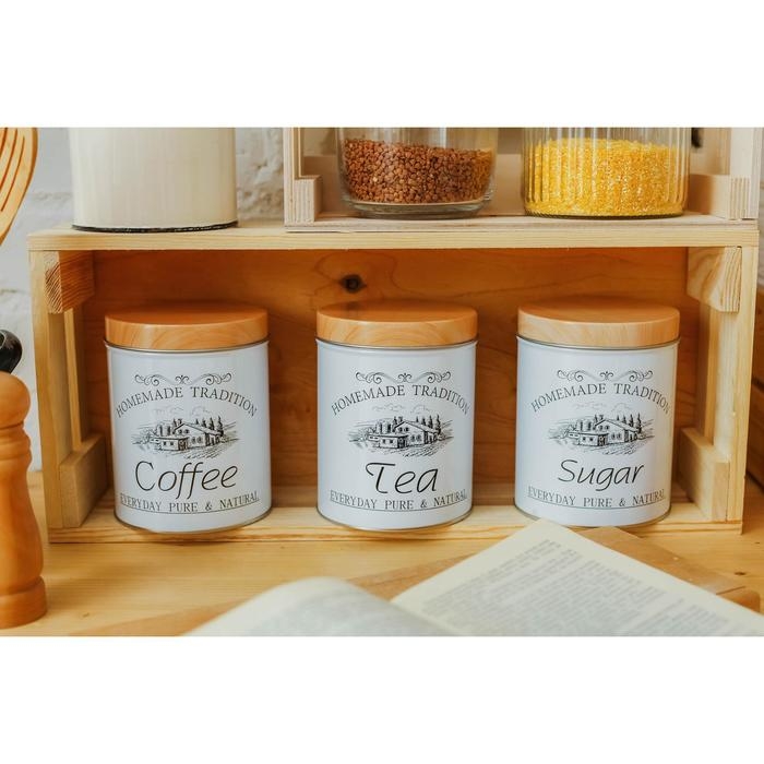 Банки жестяные для хранения сыпучих Sugar Coffee Tea, 1.2 л, 10.5×14 см, 3 шт., серые