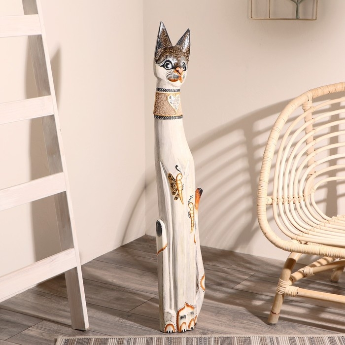 Сувенир «Кошка с золотыми бабочками и зеркальным сердцем», 100×16×7 см, дерево