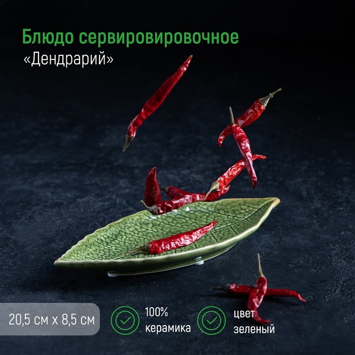 Блюдо керамическое сервировочное «Дендрарий», 20.5×8.5×1.5 см, зелёное