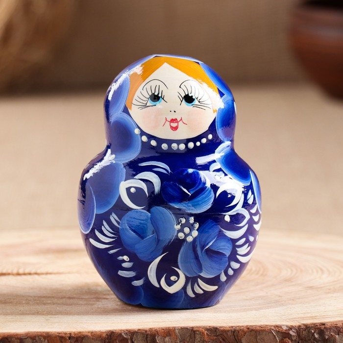 Матрёшка дерево «Гжель», синее платье, 10 кукольная, 13 см, ручная роспись