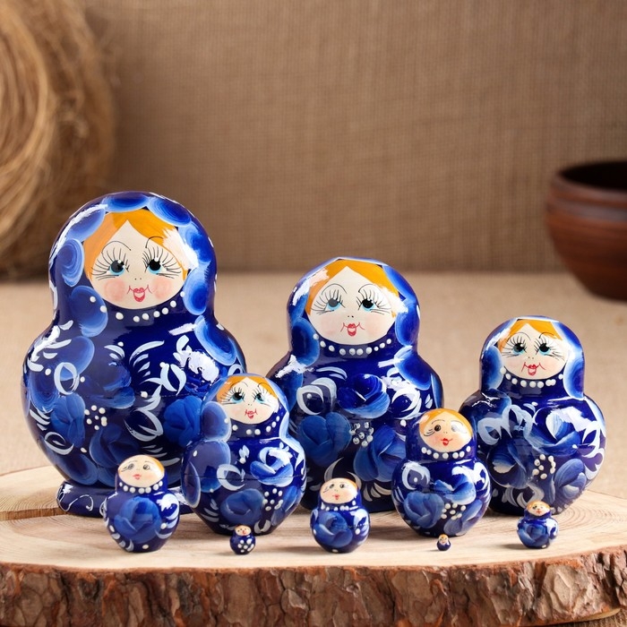 Матрёшка дерево «Гжель», синее платье, 10 кукольная, 13 см, ручная роспись