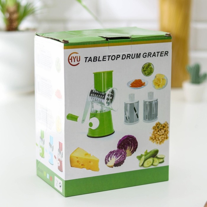 Овощерезка барабанная механическая Доляна Mandoline Slicer, 3 насадки, зелёная