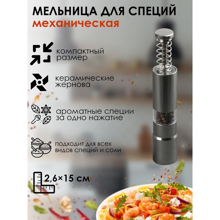 Мельница для специй «Пружина», 15×2.5 см, металлический механизм, серая