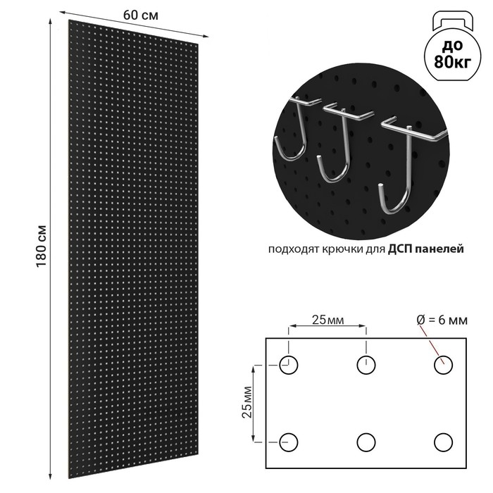 Настенная перфорированная панель односторонняя ДСП, 60×0,6×180 см, шаг 25 мм, цвет чёрный