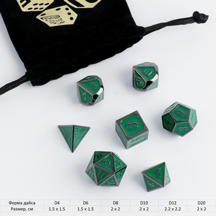 Кости игральные, дайсы для D&D (Dungeons and Dragons, ДнД), «Изумруд», 7 шт.