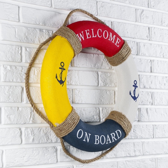 Декор настенный, панно спасательный круг с бечевкой Welcome on board, якори, 7×50×50 см