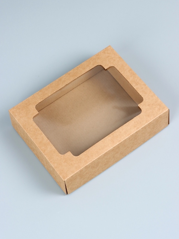 Коробка сборная без печати крышка - дно бурая с окном 18×15×5 см