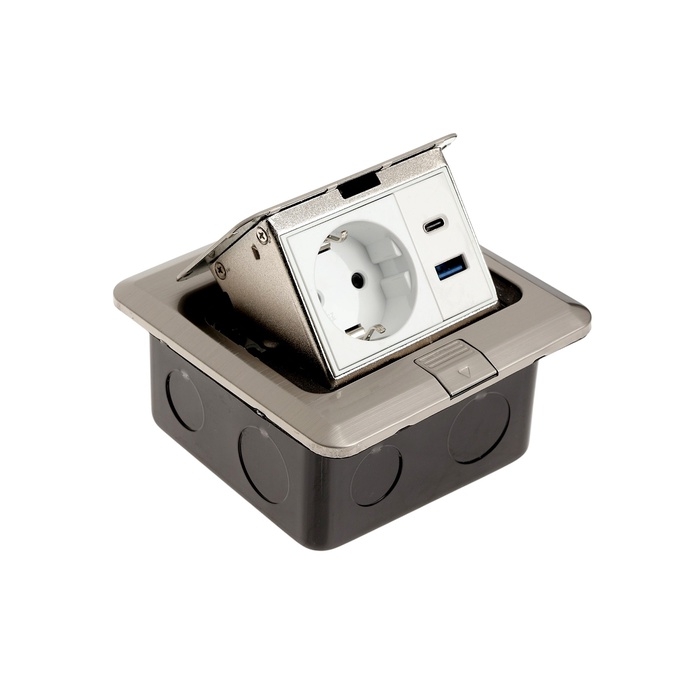 Розетка выдвижная, 16 А, одноместная, USB + Type-C, серебристая