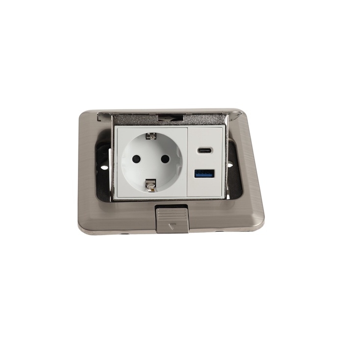Розетка выдвижная, 16 А, одноместная, USB + Type-C, серебристая