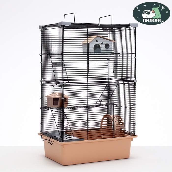 Клетка для грызунов «Пижон» 4 этажа, 42×30×65 см (2 домика, колесо, миска), беж