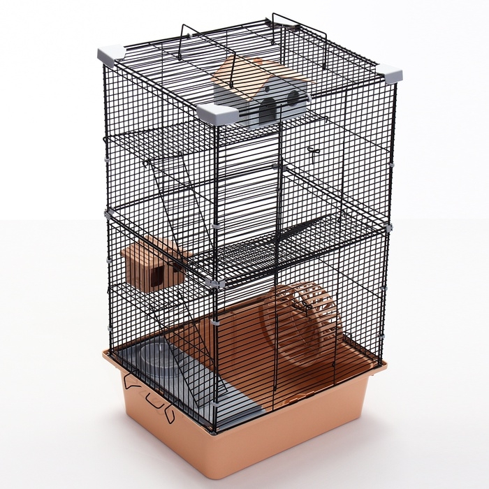 Клетка для грызунов «Пижон» 4 этажа, 42×30×65 см (2 домика, колесо, миска), беж