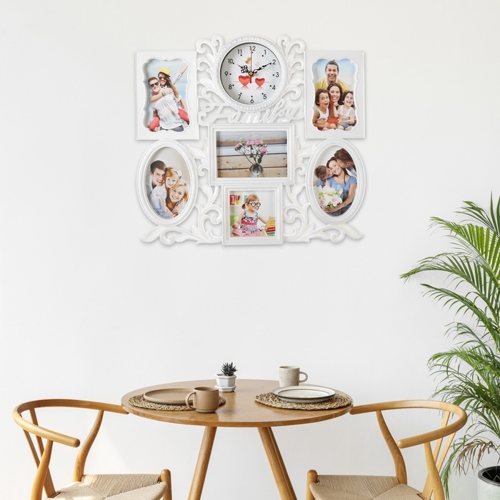 Фоторамка-коллаж на 6 фото с часами настенными Family, бесшумные, 45×37 см, d=11.5 см