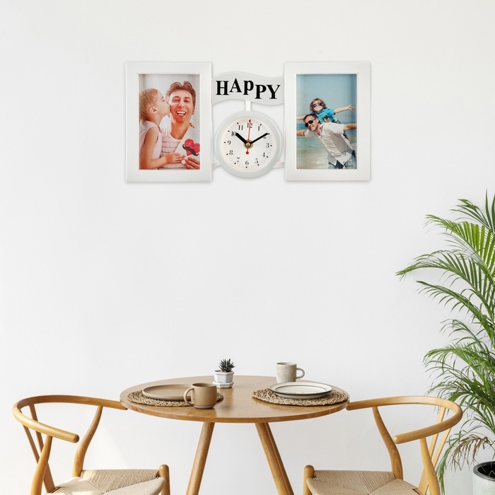 Фоторамка-коллаж на 2 фото с часами настенными Family, бесшумные, 17×35 см, d=9 см, от АА