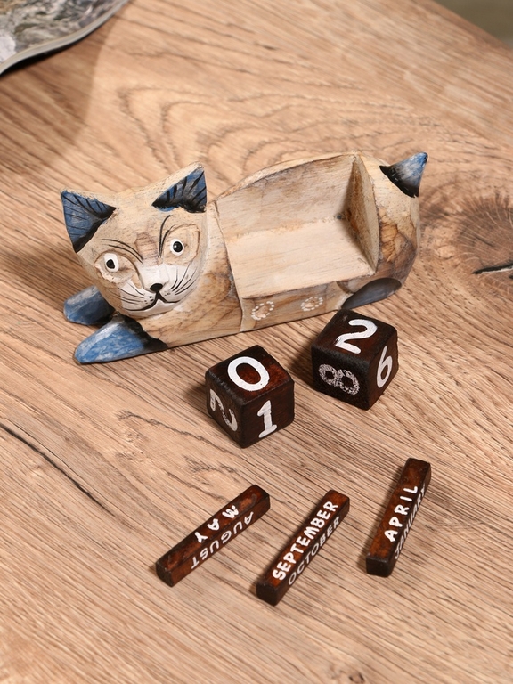 Вечный календарь «Кошка», 13×4×6.5 см, дерево