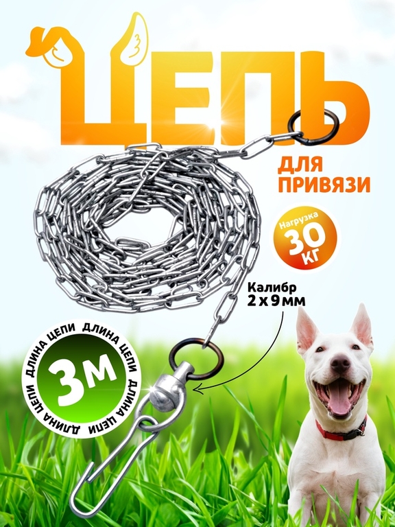 Цепь для привязи собак, 3 м, калибр 2 х 9 мм, белая