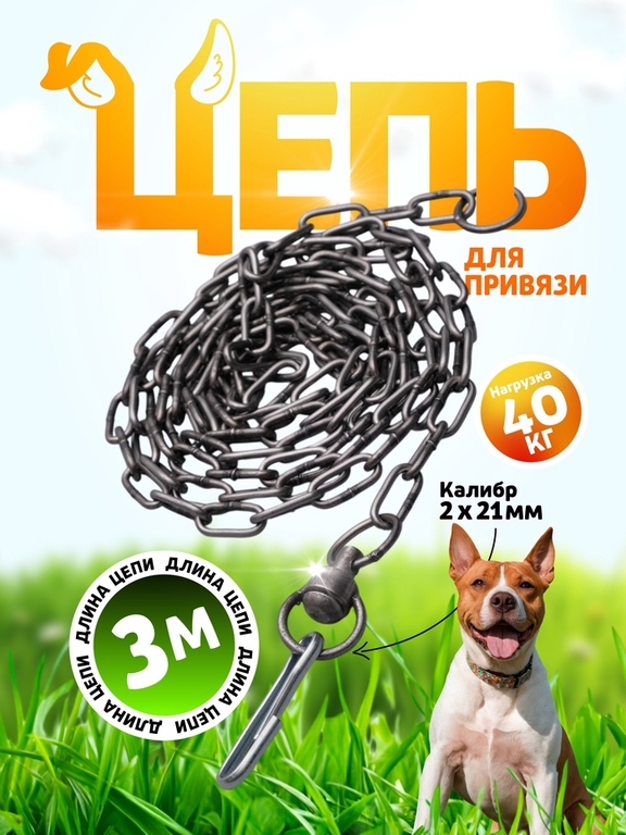Цепь для привязи собак, 3 м, калибр 3 х 21 мм, черная