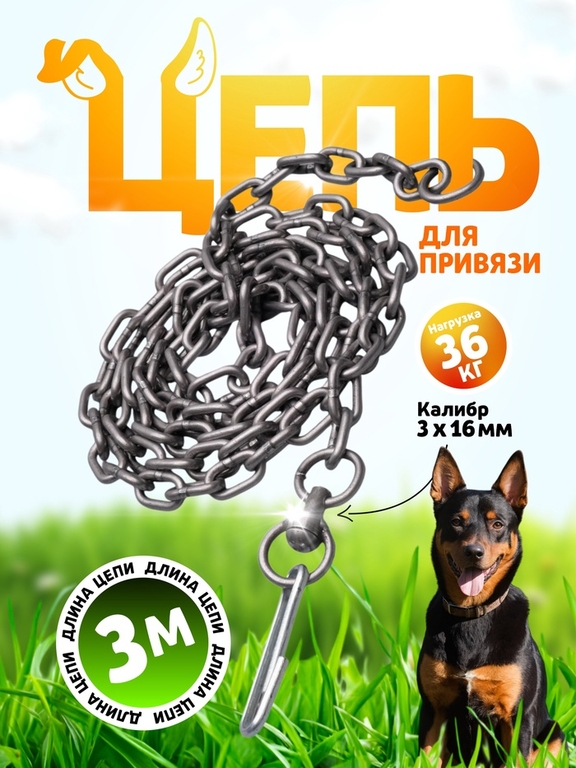 Цепь для привязи собак, 3 м, калибр 3 х 16 мм, черная