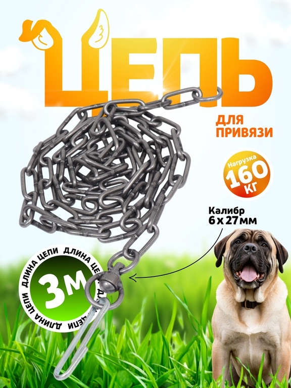 Цепь для привязи собак, 3 м, калибр 6 х 27 мм, черная