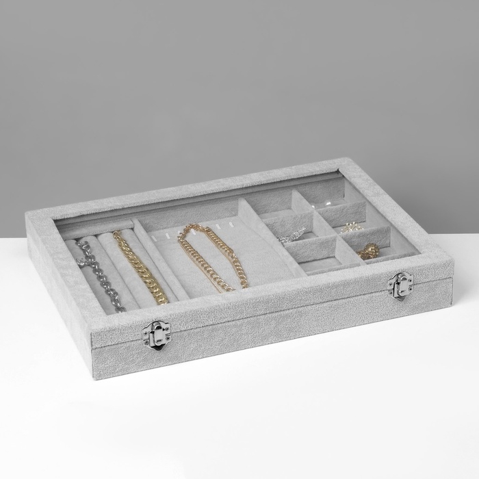 Шкатулка 4 полос,6 кр., 8 яч., стекл. крышка, серая