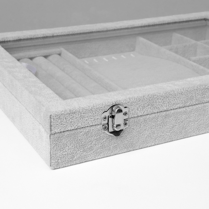 Шкатулка 4 полос,6 кр., 8 яч., стекл. крышка, серая