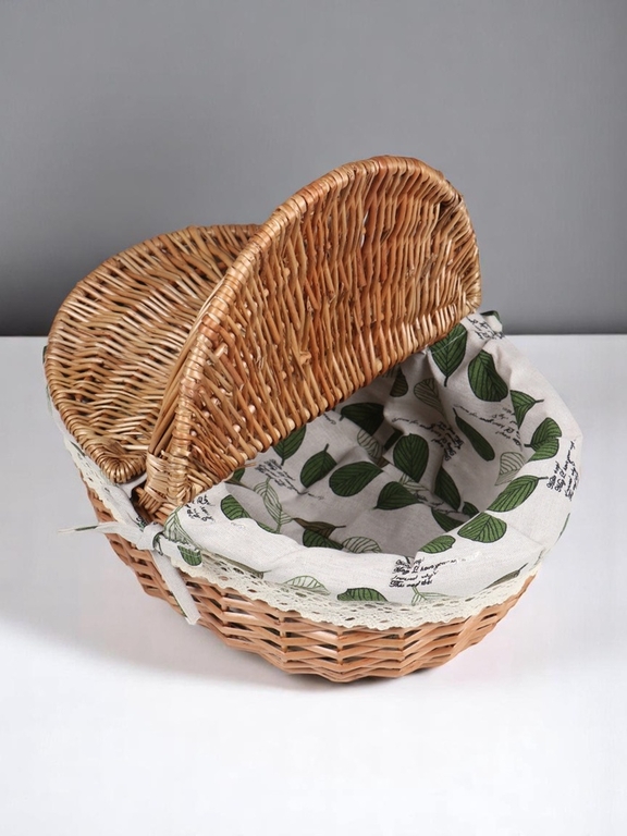 Плетёная корзина-лукошко, ткань внутри, 2 крышки, 35×28 см, высота 14.5 см, высота с ручкой 31 см, дно