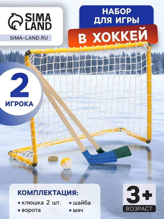 Набор для игры в хоккей (клюшка 2 шт., ворота, шайба, мяч), жёлтые