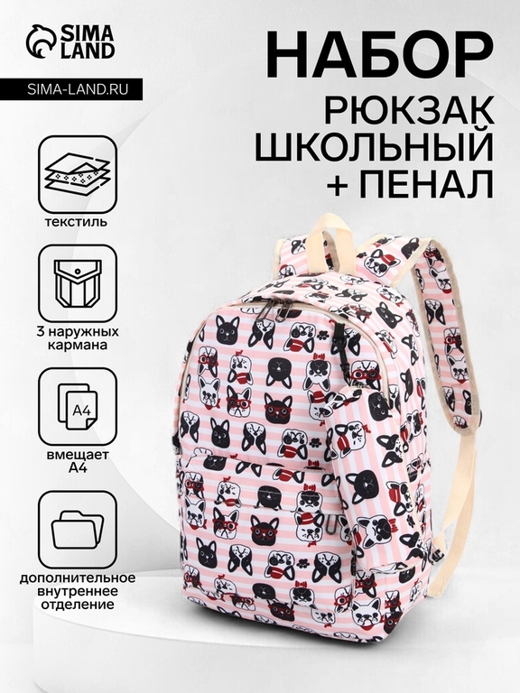 Набор: рюкзак школьный и пенал, с карманами, в полоску, размер 29×12×41 см, розовый
