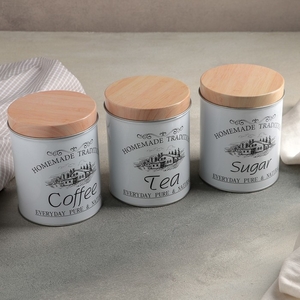 Банки жестяные для хранения сыпучих Sugar Coffee Tea, 1.2 л, 10.5×14 см, 3 шт., серые