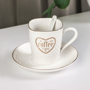 Кофейная пара с ложкой Coffee, 2 предмета: кружка 190 мл, блюдце, керамика, цвет белый
