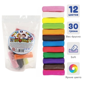 Тесто для лепки «Игротека», 12 цветов, 360 г, в пакете, МИКС