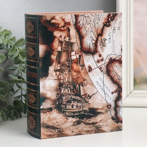 Шкатулка-книга «Корабль и карта», дерево и искусственная кожа, 6×15×20 см