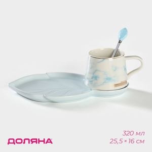 Чайная пара «Листочек», 3 предмета: чашка 320 мл, блюдце 25.5×16 см, ложка, керамика, голубая