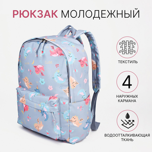 Рюкзак школьный из текстиля на молнии, наружный карман, серый