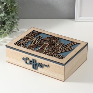 Шкатулка для чая 6 делений «Грибы», дерево, бежево-синяя, 17×24×7 см