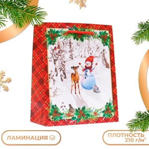 Пакет подарочный новогодний ламинированный «Снеговик и олень», 18×22.3×10 см