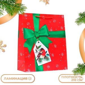 Пакет подарочный новогодний ламинированный «Зеленый бант», 26×32×12 см
