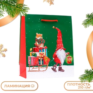 Пакет подарочный новогодний ламинированный «Подарки на санях», 18×22.3×10 см