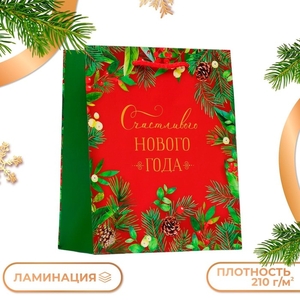 Пакет подарочный новогодний ламинированный «Счастливого Нового года», на красном, 18×22.3×10 см