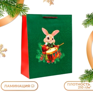 Пакет подарочный новогодний ламинированный "Заяц - барабанщик", 26×32×12 см