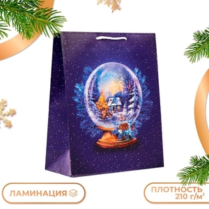 Пакет подарочный новогодний ламинированный «Стеклянный шар», на синем, 26×32×12 см
