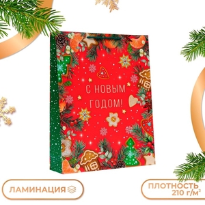 Пакет подарочный новогодний ламинированный «С новым годом», на красном, 33×42.5×10 см