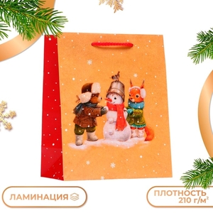 Пакет подарочный новогодний ламинированный «Зверята у снеговичка», 18×22.3×10 см