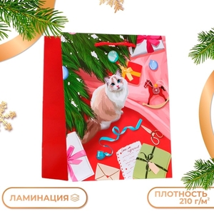 Пакет подарочный новогодний ламинированный «Кошечка», 18×22.3×10 см