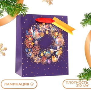 Пакет подарочный новогодний ламинированный «Праздничный венок», 18×22.3×10 см